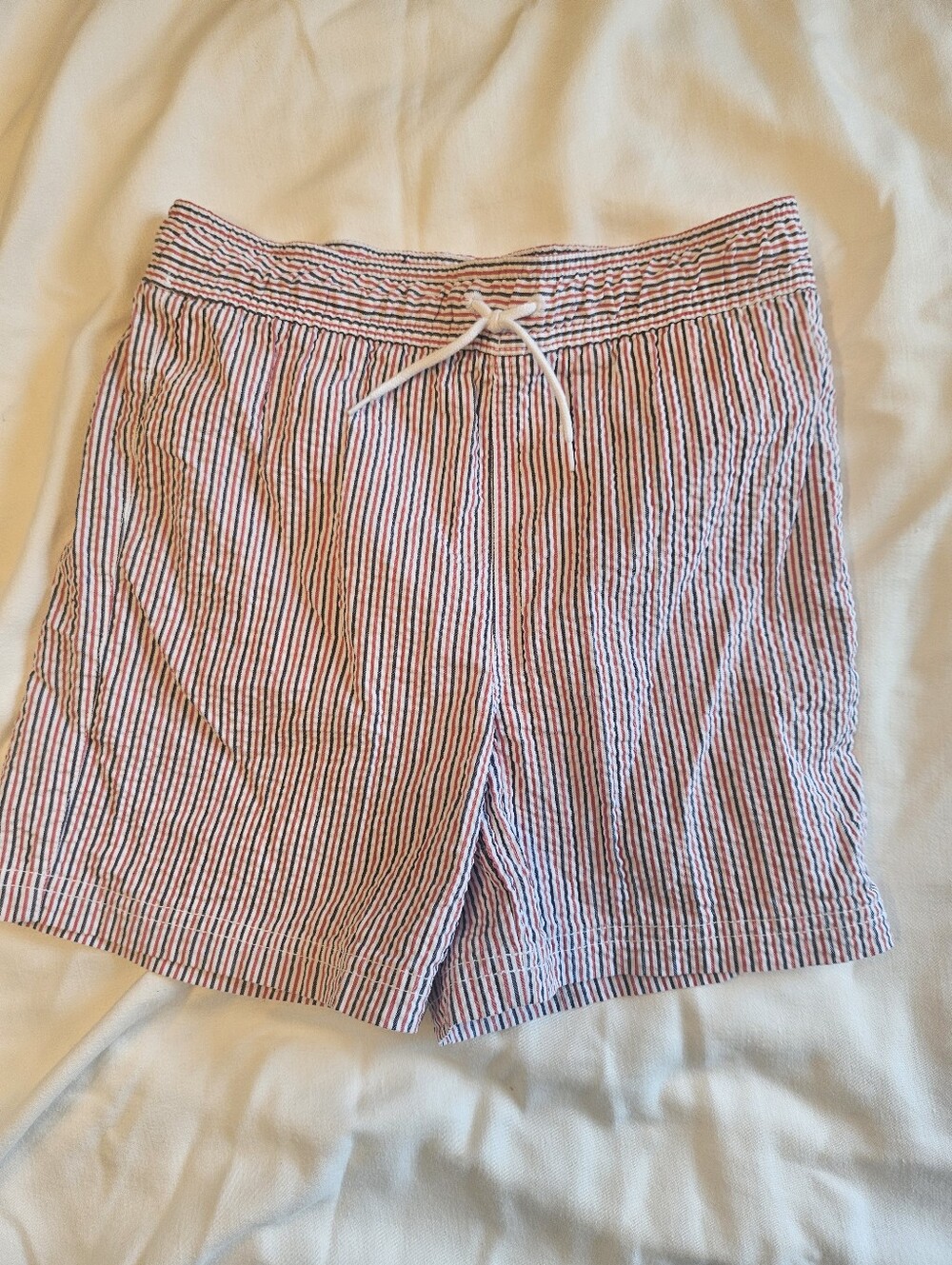 Janie and Jack Boys Red & White Striped Cotton Drawstring Swim Trunks